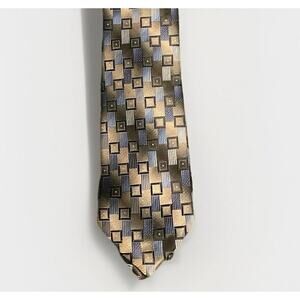 Vintage Bill Robinson Geometric Block Tie – Blue & Silver Polyester